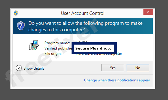 Screenshot where Secure Plus d.o.o. appears as the verified publisher in the UAC dialog